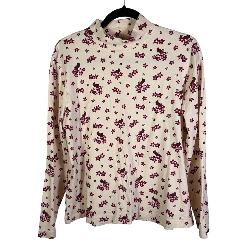 Croft & Barrow Womens Petite Large Mock Neck Long Sleeve Cardinal Floral Top